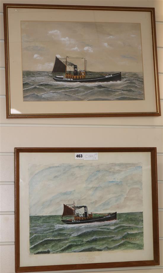 A. Harvey, watercolour, Fishing trawler Linsdale at sea, 30 x 40cm and a similar study of a fishing trawler